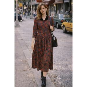 Vintage The Kollection Floral Midi Dress Red Long Sleeve Button Up Size 14